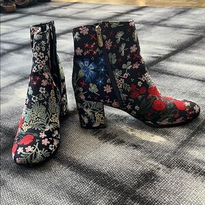 Indigo Rd Floral Embroidered Ankle Boots - Navy with red, pink, blue flowers